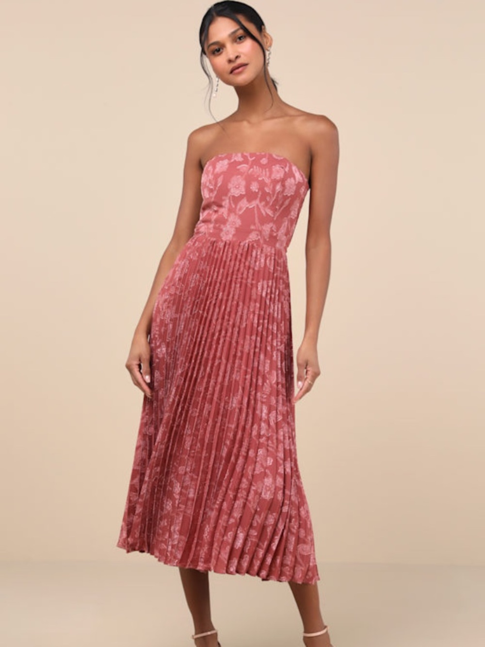 Lulus Perfectly Stunning Rusty Rose Jacquard Strapless Midi Dress Pink - Size XL